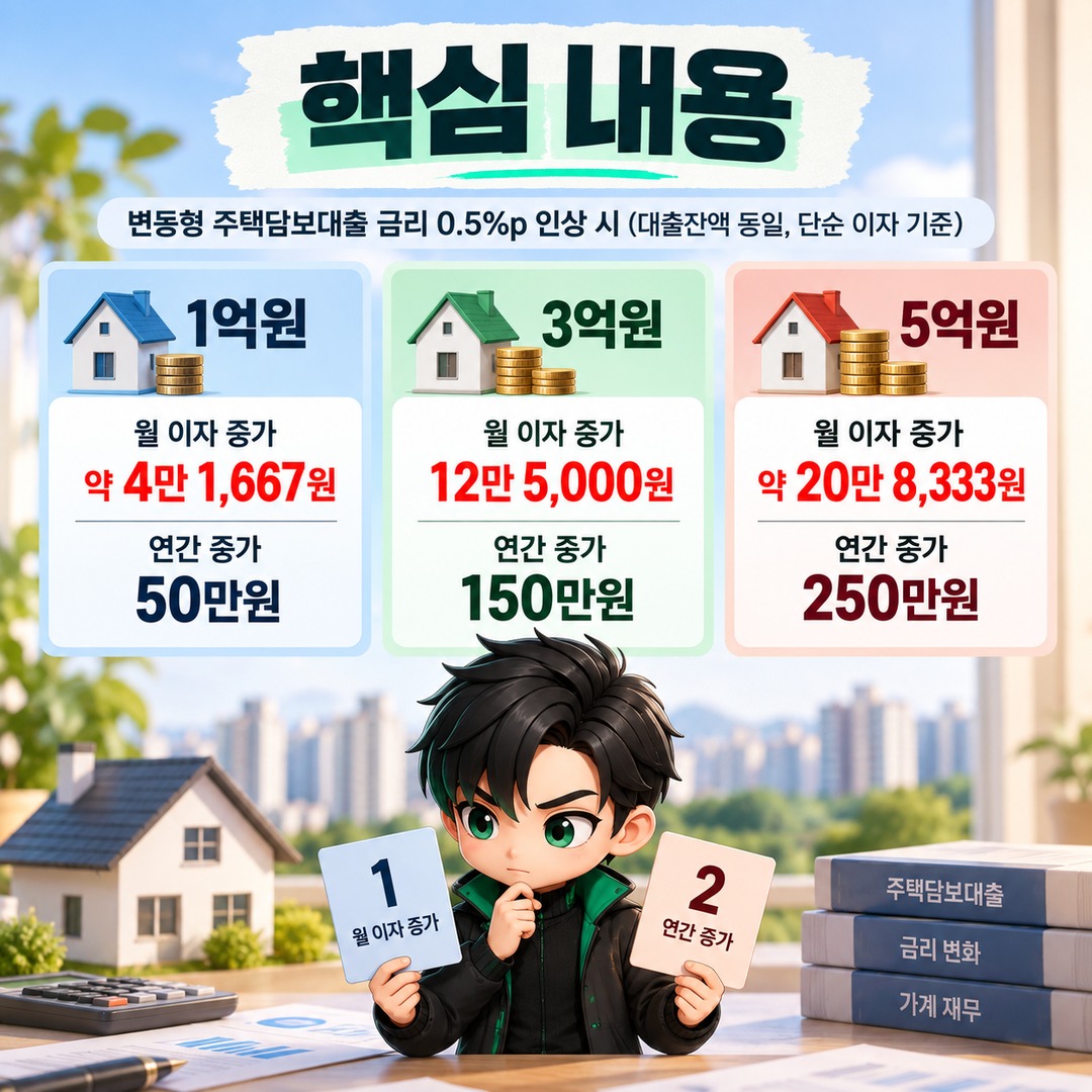 변동형 주담대 금리 0.5%p 오르면 1억·3억·5억원 대출 월 이자는 얼마나 늘어나나 - 핵심 내용 핵심 내용을 정리한 정보형 이미지