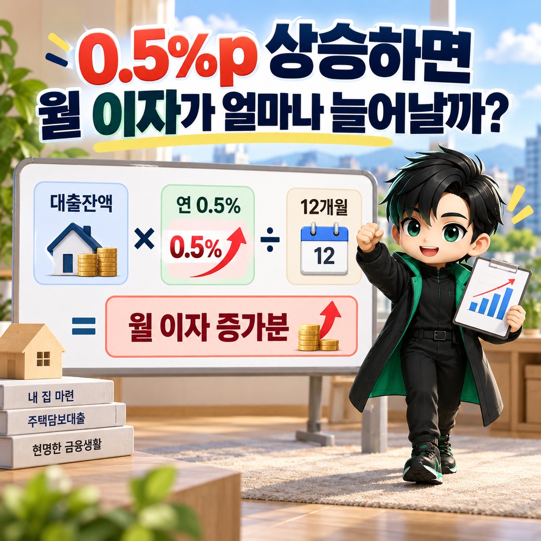 변동형 주담대 금리 0.5%p 오르면 1억·3억·5억원 대출 월 이자는 얼마나 늘어나나 - 0.5%p 상승하면 월 이자가 얼마나 늘어날까 핵심 내용을 정리한 정보형 이미지