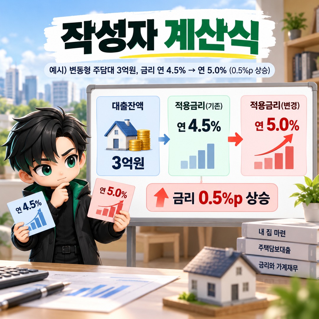 변동형 주담대 금리 0.5%p 오르면 1억·3억·5억원 대출 월 이자는 얼마나 늘어나나 - 작성자 계산식 핵심 내용을 정리한 정보형 이미지