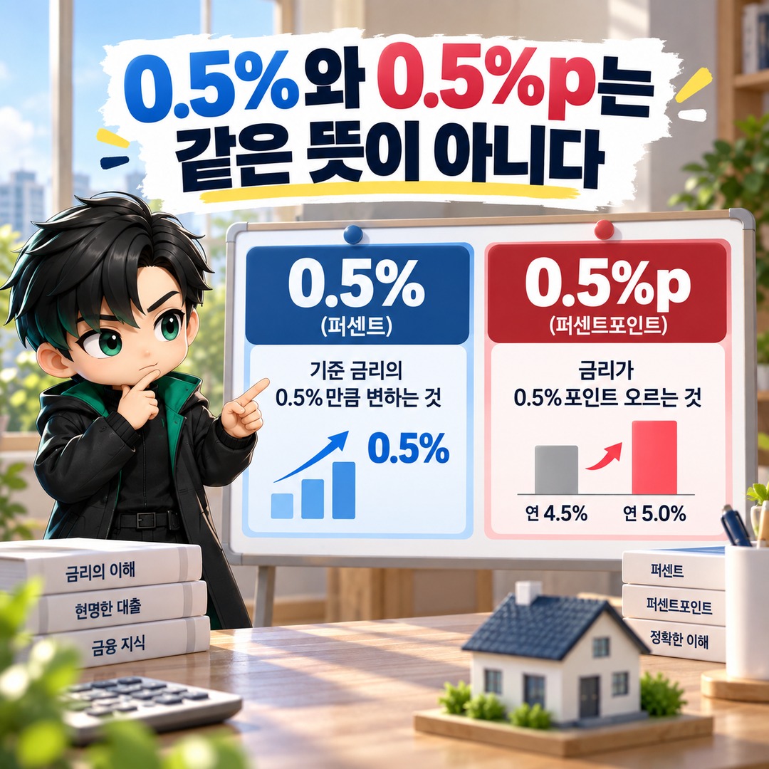 변동형 주담대 금리 0.5%p 오르면 1억·3억·5억원 대출 월 이자는 얼마나 늘어나나 - 0.5%와 0.5%p는 같은 뜻이 아니다 핵심 내용을 정리한 정보형 이미지