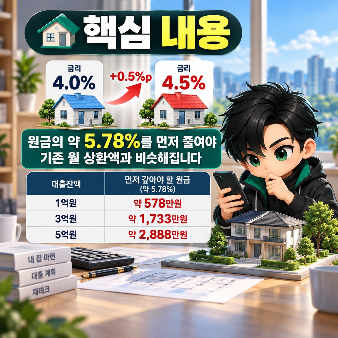 주담대 금리 4%→4.5% 올랐다면 원금 얼마 갚아야 월 상환액이 그대로일까 - 핵심 내용 핵심 내용을 정리한 정보형 이미지