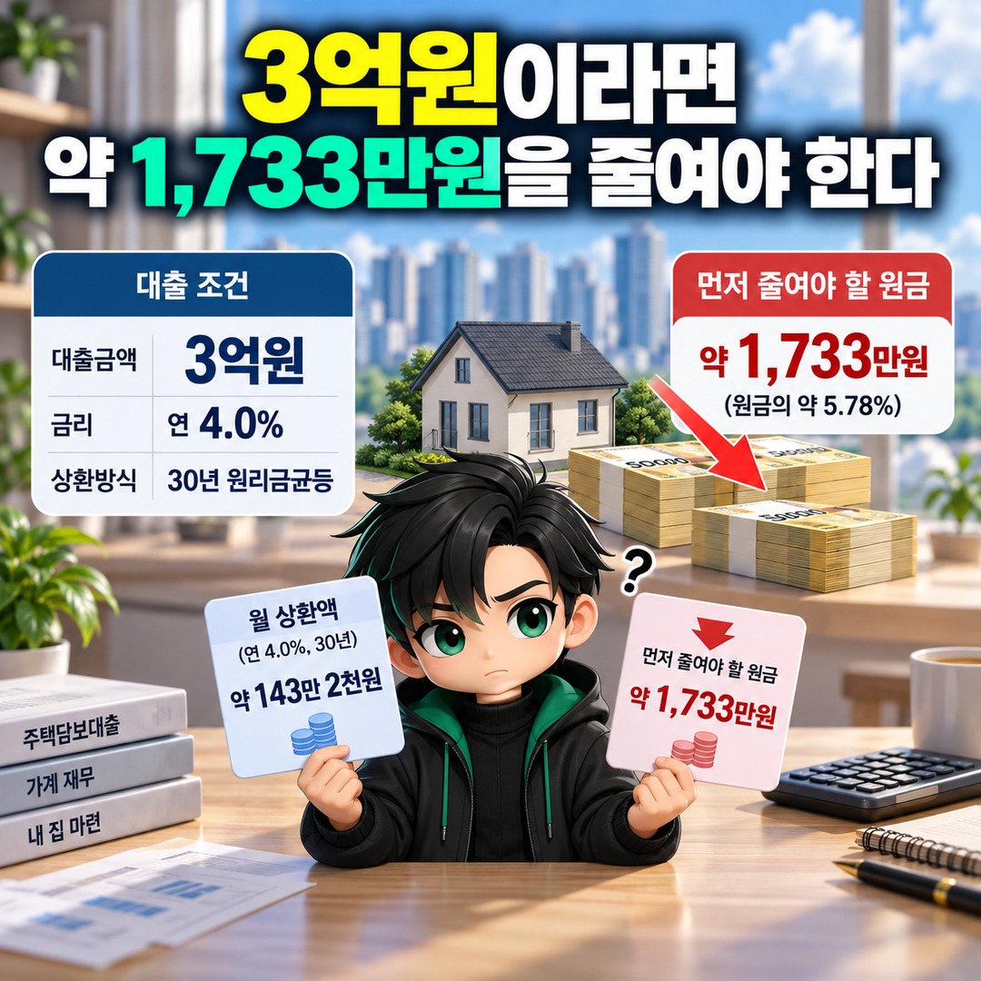 주담대 금리 4%→4.5% 올랐다면 원금 얼마 갚아야 월 상환액이 그대로일까 - 3억원이라면 약 1,733만원을 줄여야 한다 핵심 내용을 정리한 정보형 이미지