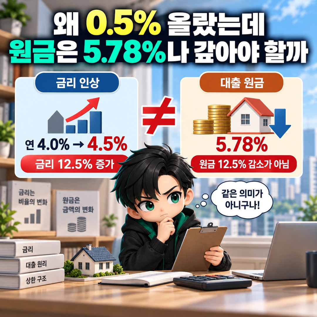주담대 금리 4%→4.5% 올랐다면 원금 얼마 갚아야 월 상환액이 그대로일까 - 왜 0.5% 올랐는데 원금은 5.78%나 갚아야 할까 핵심 내용을 정리한 정보형 이미지