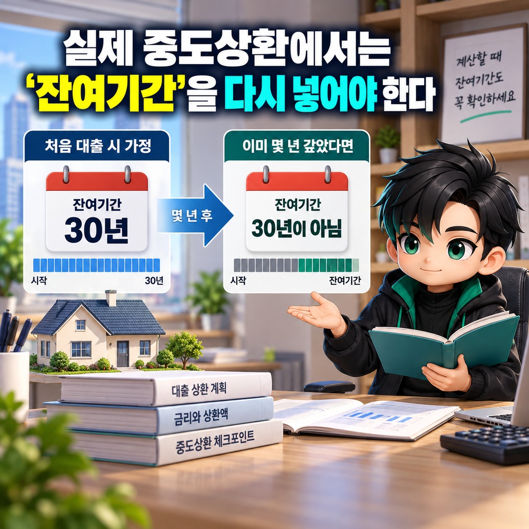 주담대 금리 4%→4.5% 올랐다면 원금 얼마 갚아야 월 상환액이 그대로일까 - 실제 중도상환에서는 ‘잔여기간’을 다시 넣어야 한다 핵심 내용을 정리한 정보형 이미지