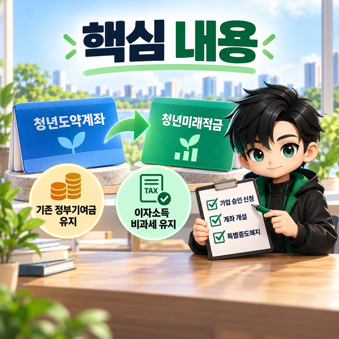 청년도약계좌에서 청년미래적금으로 갈아타면 기존 정부기여금·비과세 혜택은 유지된다 - 핵심 내용 핵심 내용을 정리한 정보형 이미지