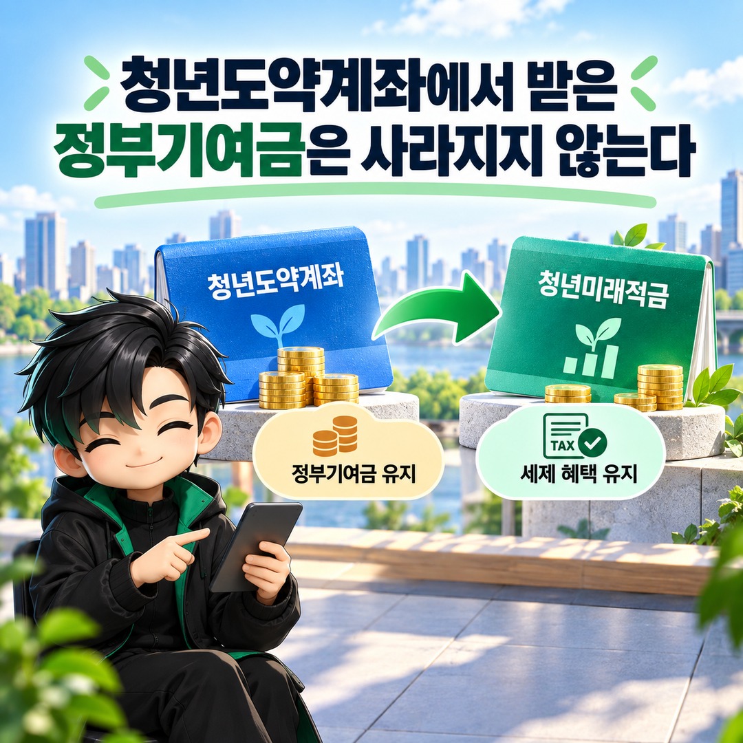 청년도약계좌에서 청년미래적금으로 갈아타면 기존 정부기여금·비과세 혜택은 유지된다 - 청년도약계좌에서 받은 정부기여금은 사라지지 않는다 핵심 내용을 정리한 정보형 이미지