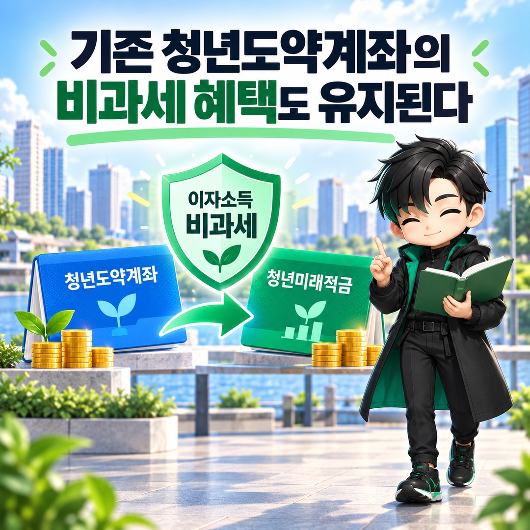청년도약계좌에서 청년미래적금으로 갈아타면 기존 정부기여금·비과세 혜택은 유지된다 - 기존 청년도약계좌의 비과세 혜택도 유지된다 핵심 내용을 정리한 정보형 이미지