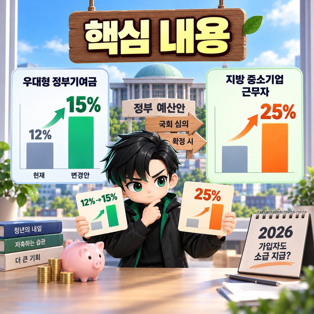 청년미래적금 우대형 12%→15%, 지방 중소기업은 25%? 2026 가입자도 소급될까 - 핵심 내용 핵심 내용을 정리한 정보형 이미지