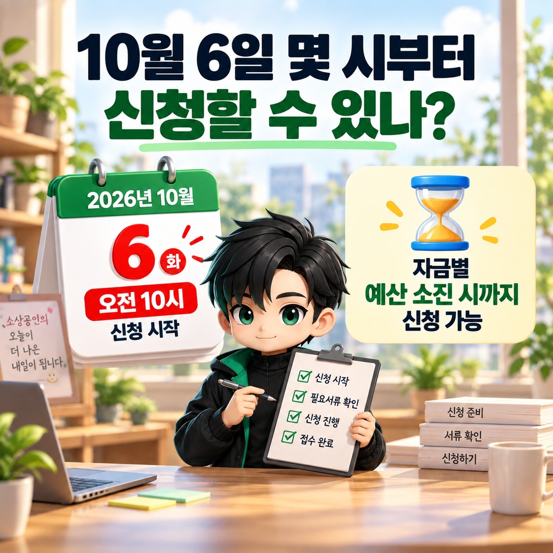 2026년 소상공인 정책자금 4분기 대리대출, 10월 6일 오전 10시 시작…신청 대상은 4가지로 나뉜다 - 10월 6일 몇 시부터 신청할 수 있나 핵심 내용을 정리한 정보형 이미지