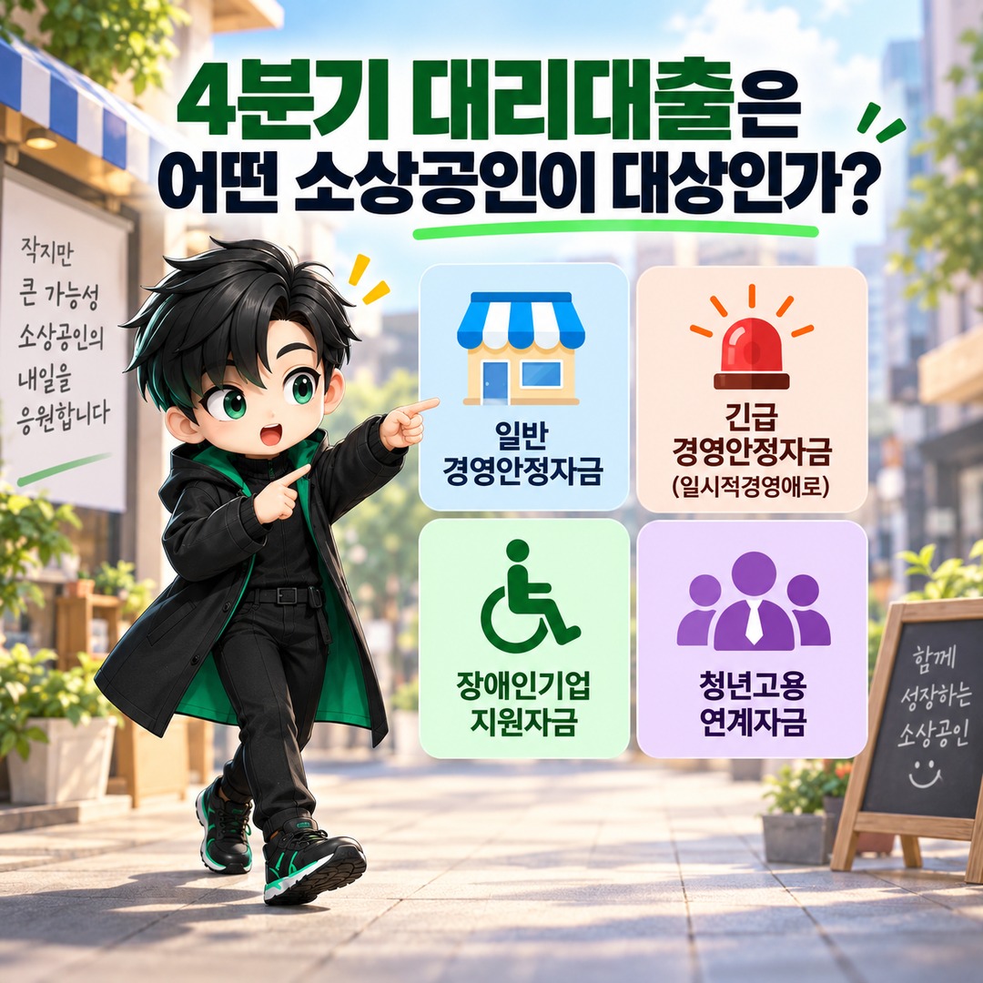 2026년 소상공인 정책자금 4분기 대리대출, 10월 6일 오전 10시 시작…신청 대상은 4가지로 나뉜다 - 4분기 대리대출은 어떤 소상공인이 대상인가 핵심 내용을 정리한 정보형 이미지