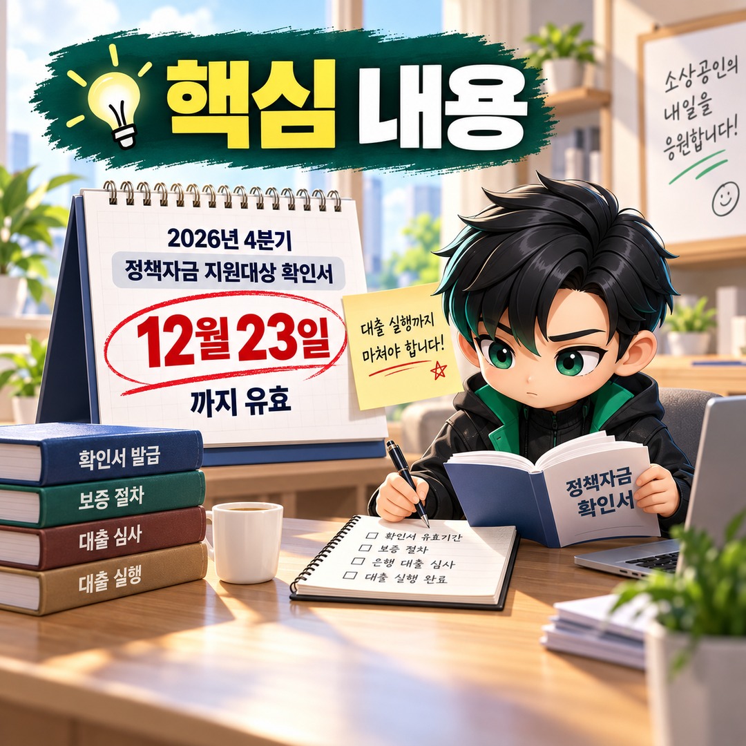 소상공인 정책자금 4분기 확인서, 12월 23일까지 은행 대출 실행을 끝내야 할까? - 핵심 내용 핵심 내용을 정리한 정보형 이미지