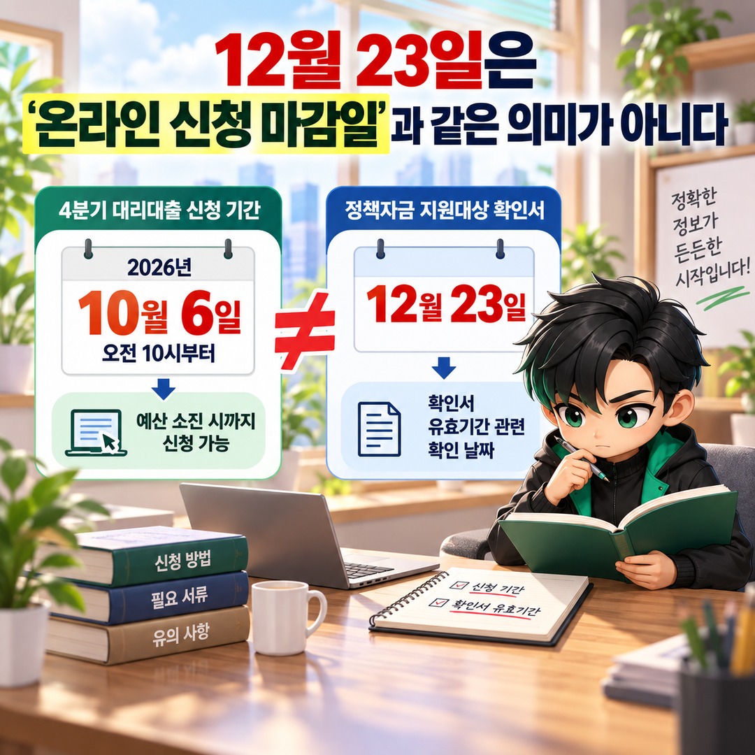 소상공인 정책자금 4분기 확인서, 12월 23일까지 은행 대출 실행을 끝내야 할까? - 12월 23일은 ‘온라인 신청 마감일’과 같은 의미가 아니다 핵심 내용을 정리한 정보형 이미지