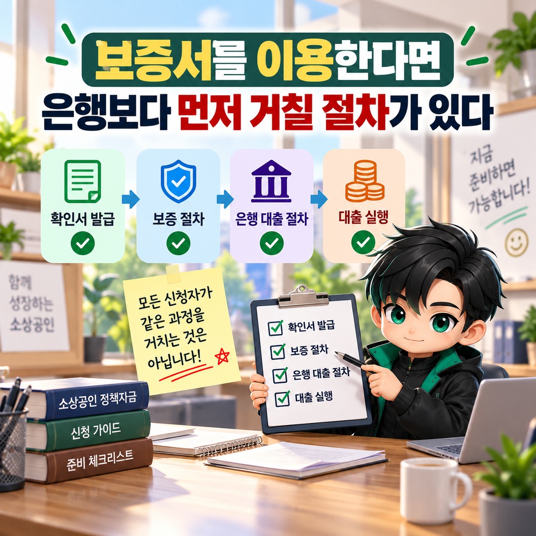 소상공인 정책자금 4분기 확인서, 12월 23일까지 은행 대출 실행을 끝내야 할까? - 보증서를 이용한다면 은행보다 먼저 거칠 절차가 있다 핵심 내용을 정리한 정보형 이미지