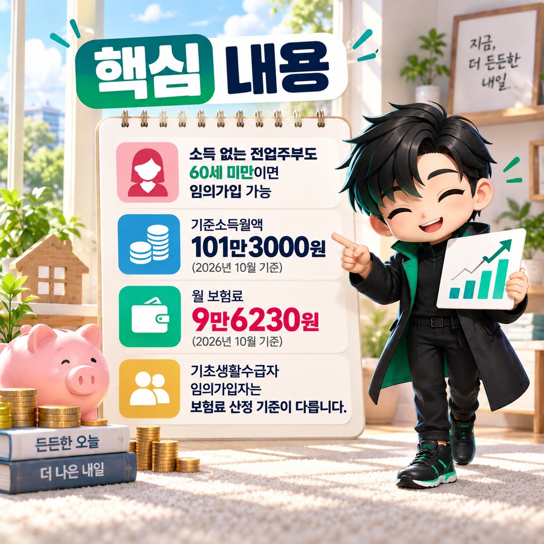 소득 없는 전업주부·50대 국민연금 임의가입, 2026년 월 9만6230원부터 - 핵심 내용 핵심 내용을 정리한 정보형 이미지