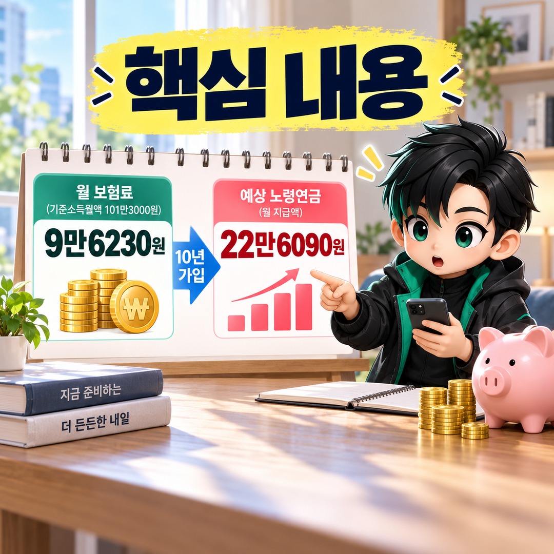 전업주부 국민연금 월 9만6230원씩 10년 내면 얼마 받나? 2026 예상액은 22만6090원 - 핵심 내용 핵심 내용을 정리한 정보형 이미지