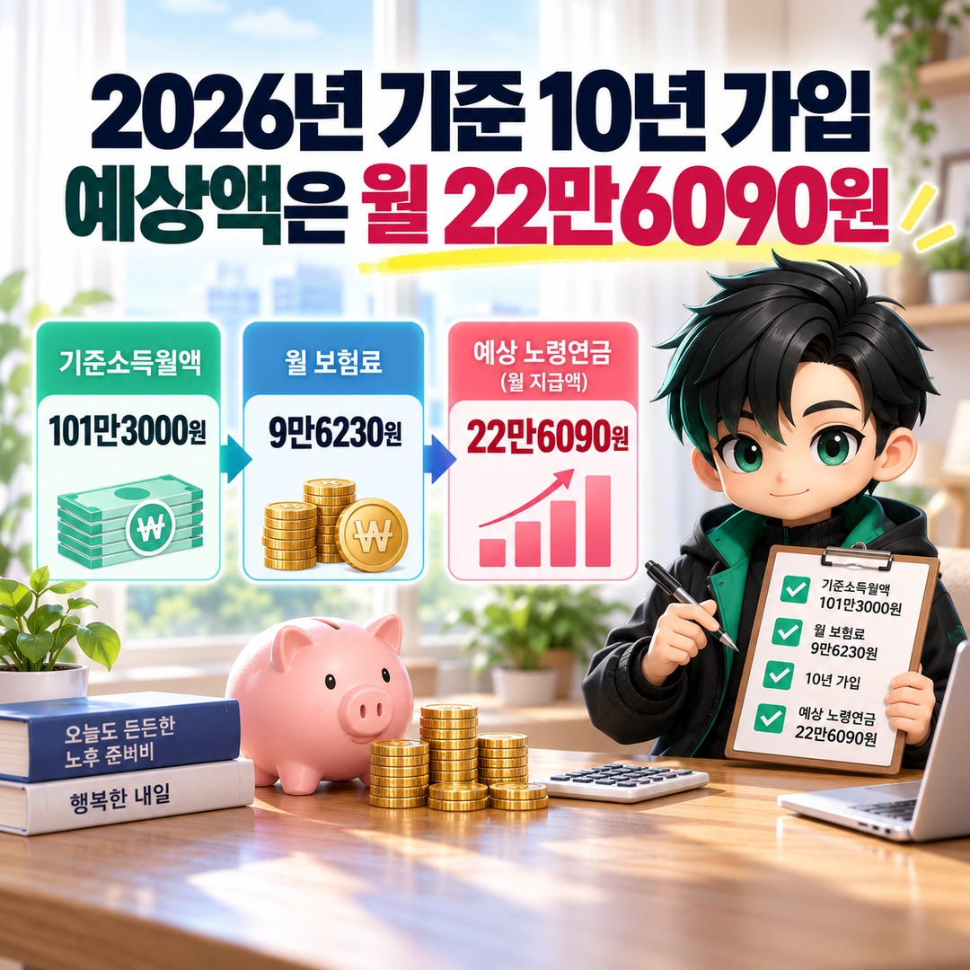전업주부 국민연금 월 9만6230원씩 10년 내면 얼마 받나? 2026 예상액은 22만6090원 - 2026년 기준 10년 가입 예상액은 월 22만6090원 핵심 내용을 정리한 정보형 이미지