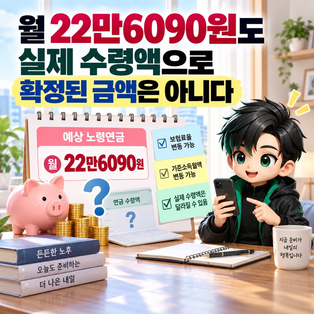 전업주부 국민연금 월 9만6230원씩 10년 내면 얼마 받나? 2026 예상액은 22만6090원 - 월 22만6090원도 실제 수령액으로 확정된 금액은 아니다 핵심 내용을 정리한 정보형 이미지