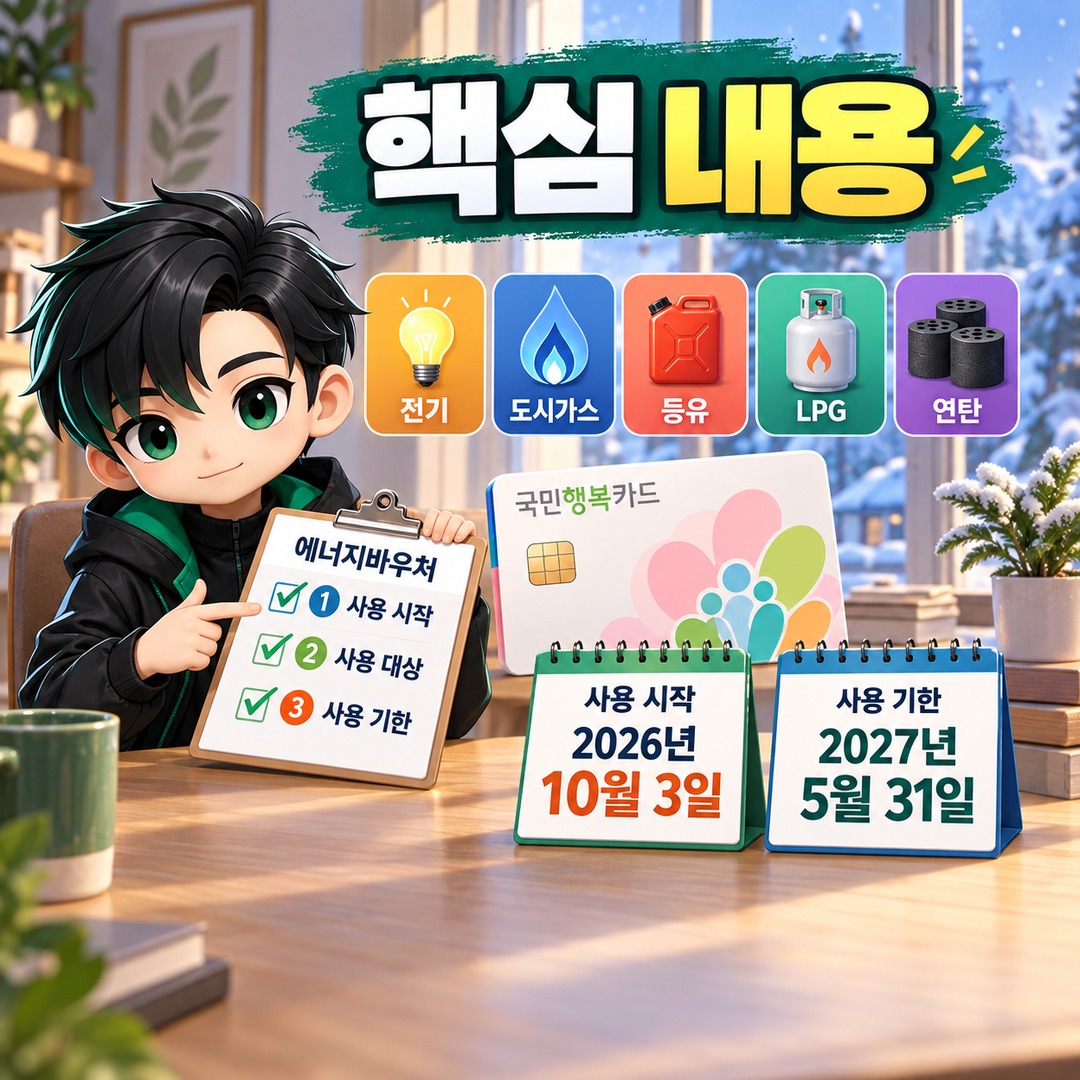 2026 에너지바우처 국민행복카드 10월 3일 시작, 전기·가스·등유·LPG·연탄은 이렇게 결제한다 - 핵심 내용 핵심 내용을 정리한 정보형 이미지