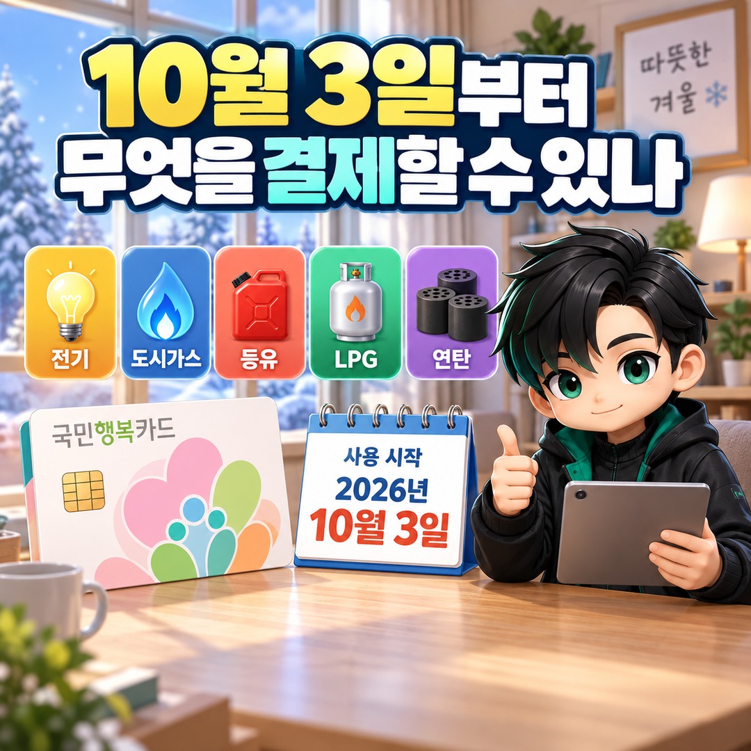 2026 에너지바우처 국민행복카드 10월 3일 시작, 전기·가스·등유·LPG·연탄은 이렇게 결제한다 - 10월 3일부터 무엇을 결제할 수 있나 핵심 내용을 정리한 정보형 이미지