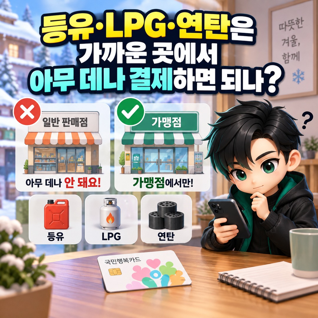 2026 에너지바우처 국민행복카드 10월 3일 시작, 전기·가스·등유·LPG·연탄은 이렇게 결제한다 - 등유·LPG·연탄은 가까운 곳에서 아무 데나 결제하면 되나 핵심 내용을 정리한 정보형 이미지