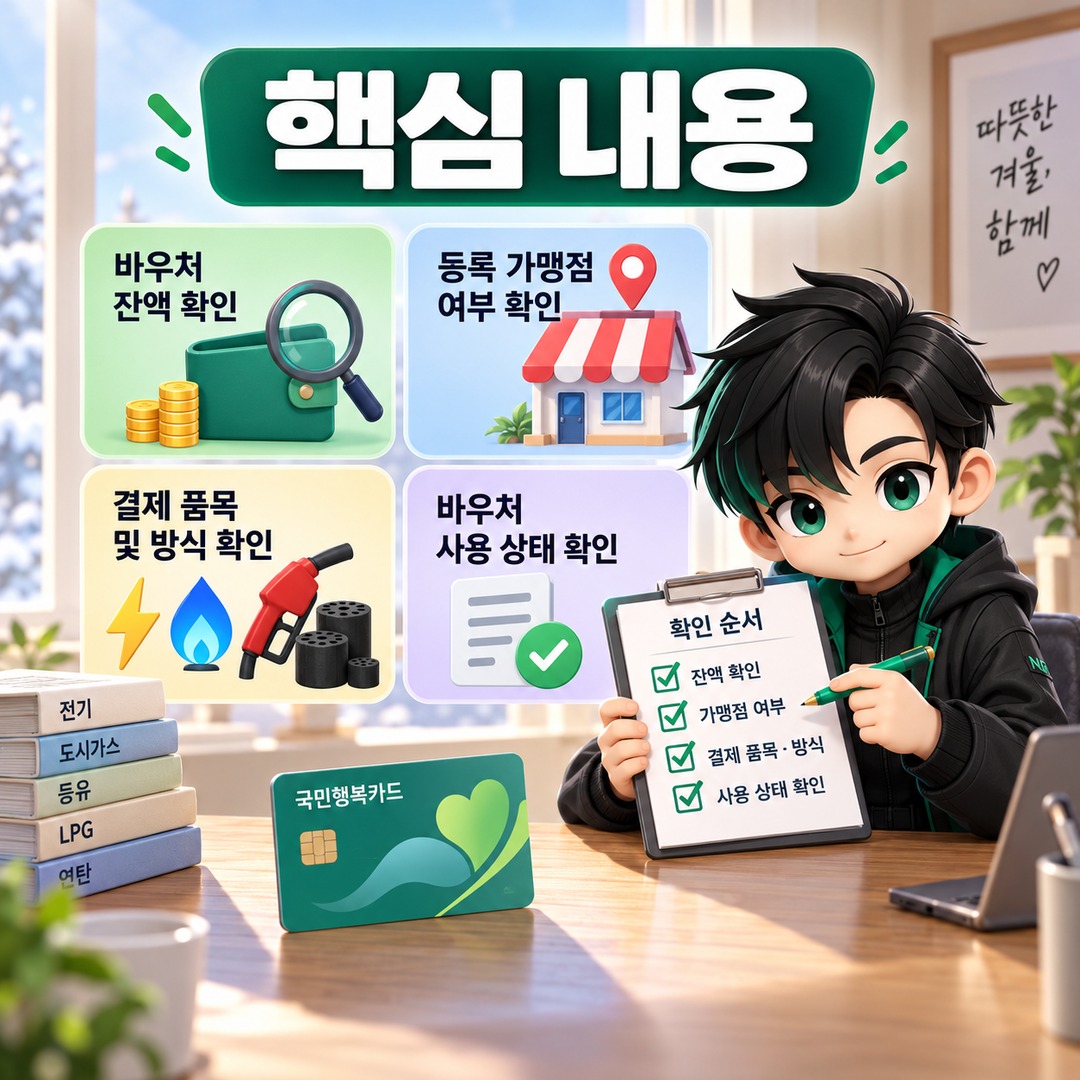 2026 에너지바우처 국민행복카드 결제 안 될 때, 잔액·가맹점·등유 코드부터 확인하세요 - 핵심 내용 핵심 내용을 정리한 정보형 이미지