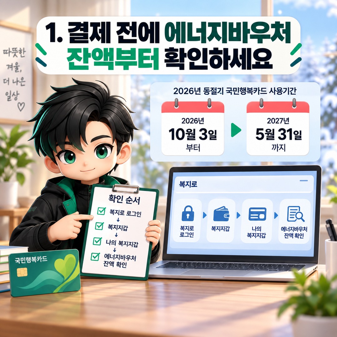 2026 에너지바우처 국민행복카드 결제 안 될 때, 잔액·가맹점·등유 코드부터 확인하세요 - 1. 결제 전에 에너지바우처 잔액부터 확인하세요 핵심 내용을 정리한 정보형 이미지