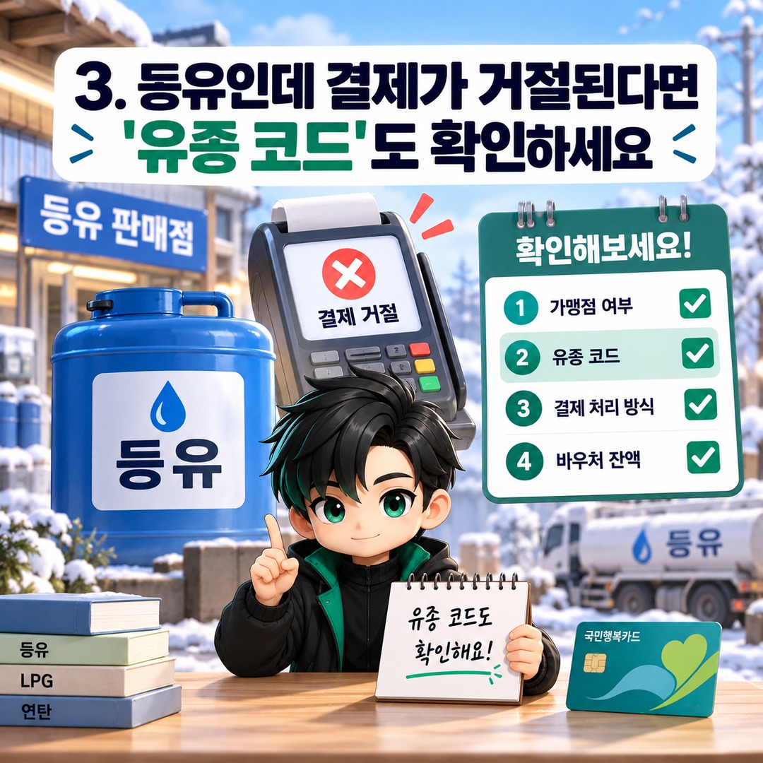 2026 에너지바우처 국민행복카드 결제 안 될 때, 잔액·가맹점·등유 코드부터 확인하세요 - 3. 등유인데 결제가 거절된다면 '유종 코드'도 확인하세요 핵심 내용을 정리한 정보형 이미지