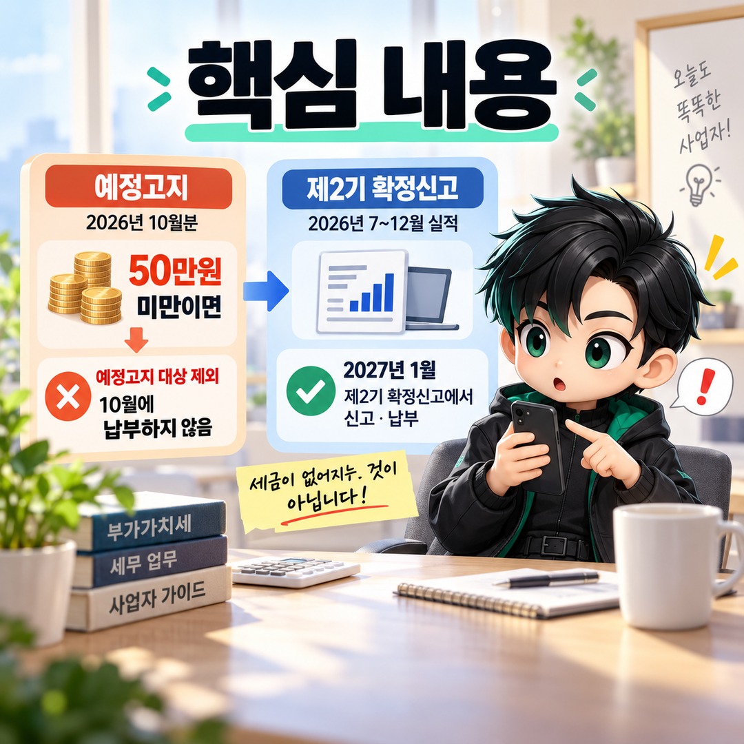 개인사업자 부가세 예정고지 50만원 미만이면 10월에 안 내도 될까, 예정신고와 차이 - 핵심 내용 핵심 내용을 정리한 정보형 이미지