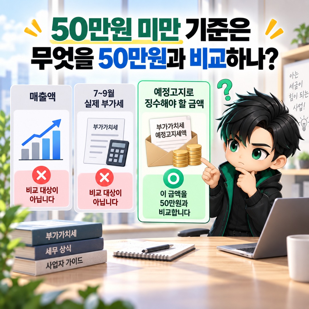 개인사업자 부가세 예정고지 50만원 미만이면 10월에 안 내도 될까, 예정신고와 차이 - 50만원 미만 기준은 무엇을 50만원과 비교하나 핵심 내용을 정리한 정보형 이미지