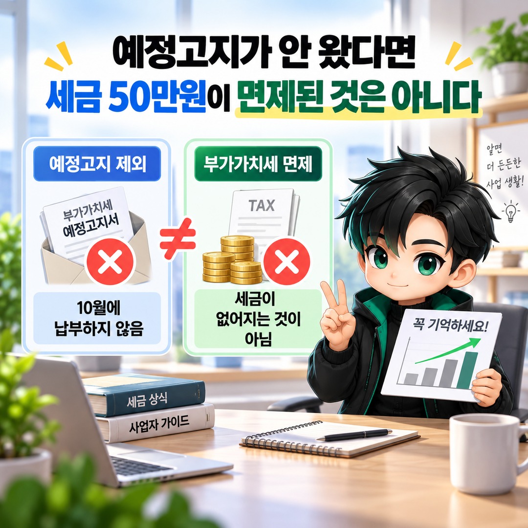 개인사업자 부가세 예정고지 50만원 미만이면 10월에 안 내도 될까, 예정신고와 차이 - 예정고지가 안 왔다면 세금 50만원이 면제된 것은 아니다 핵심 내용을 정리한 정보형 이미지