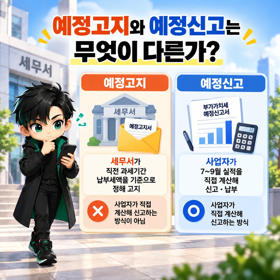 개인사업자 부가세 예정고지 50만원 미만이면 10월에 안 내도 될까, 예정신고와 차이 - 예정고지와 예정신고는 무엇이 다른가 핵심 내용을 정리한 정보형 이미지