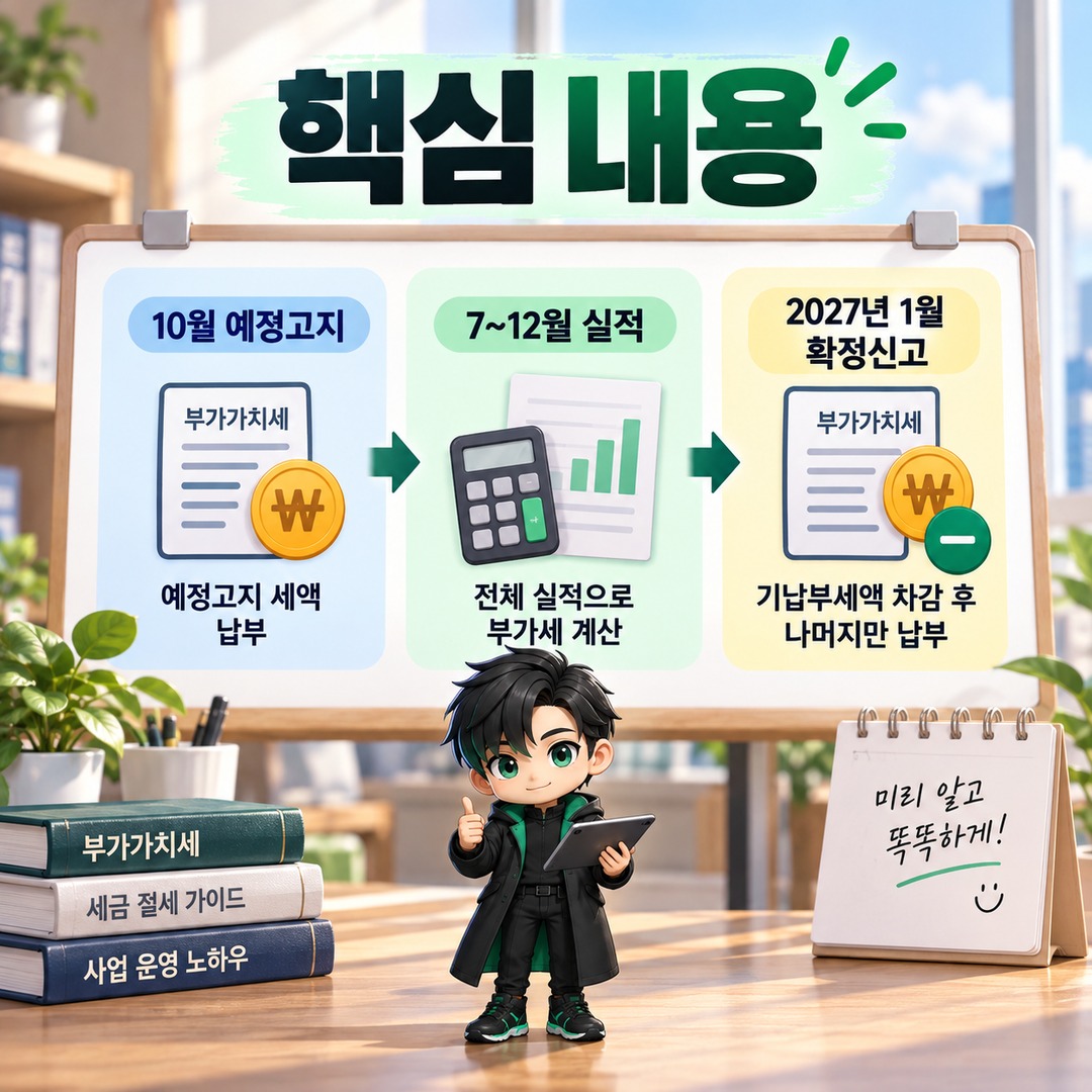 10월 부가세 예정고지 낸 돈, 1월에 또 내나? 확정신고 때 차감되는 계산법 - 핵심 내용 핵심 내용을 정리한 정보형 이미지