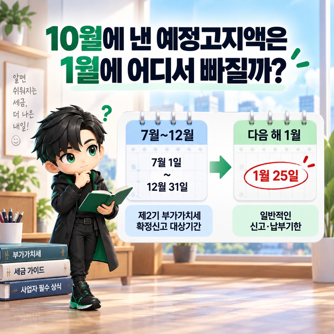 10월 부가세 예정고지 낸 돈, 1월에 또 내나? 확정신고 때 차감되는 계산법 - 10월에 낸 예정고지액은 1월에 어디서 빠질까 핵심 내용을 정리한 정보형 이미지