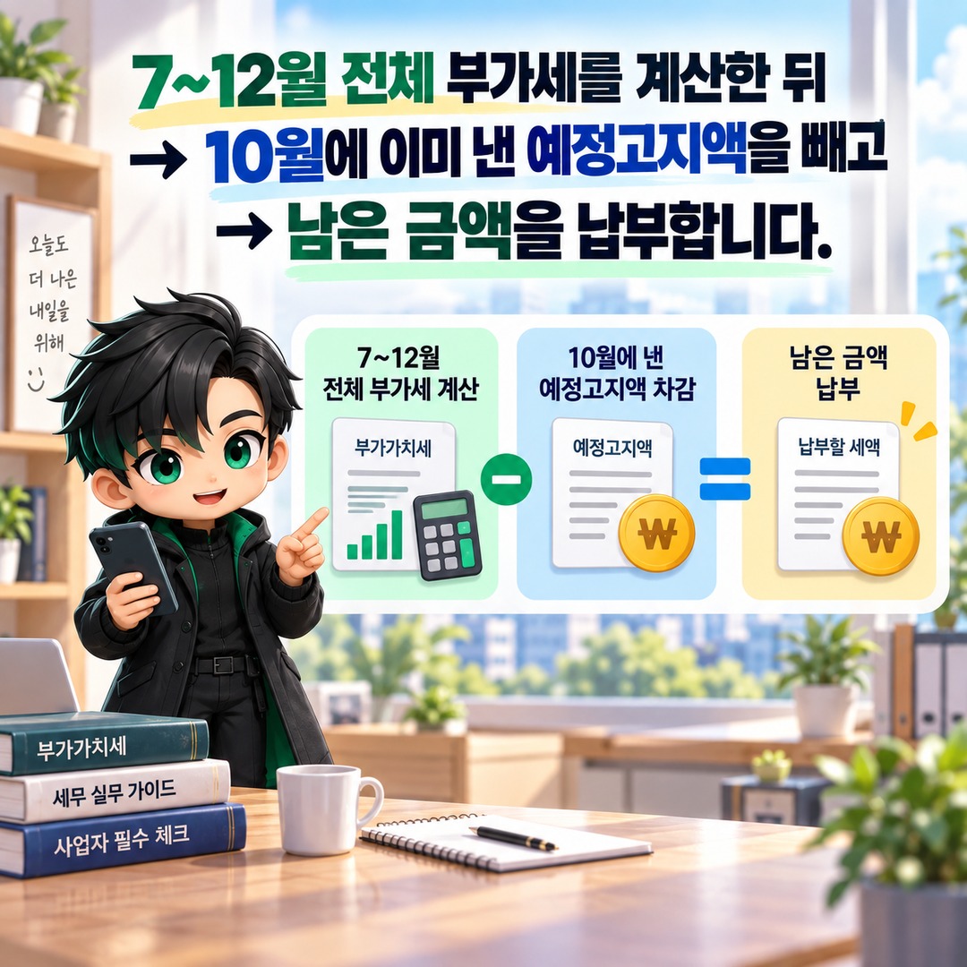 10월 부가세 예정고지 낸 돈, 1월에 또 내나? 확정신고 때 차감되는 계산법 - 7~12월 전체 부가세를 계산한 뒤 → 10월에 이미 낸 예정고지액을 빼고 → 남은 금액을 납부합니다. 핵심 내용을 정리한 정보형 이미지
