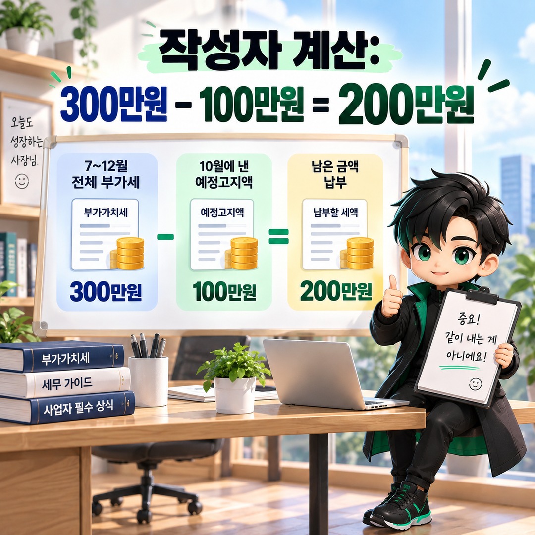 10월 부가세 예정고지 낸 돈, 1월에 또 내나? 확정신고 때 차감되는 계산법 - 작성자 계산: 300만원 100만원 = 200만원 핵심 내용을 정리한 정보형 이미지