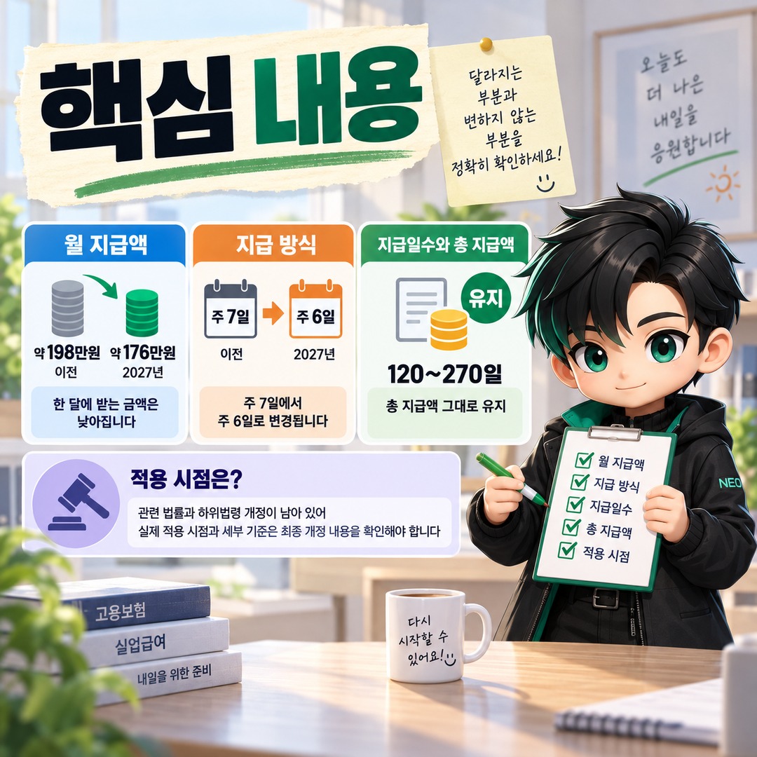 2027년 실업급여 월 176만원이어도 150일 총액은 안 줄어든다, 받는 기간은 약 5.8개월 - 핵심 내용 핵심 내용을 정리한 정보형 이미지