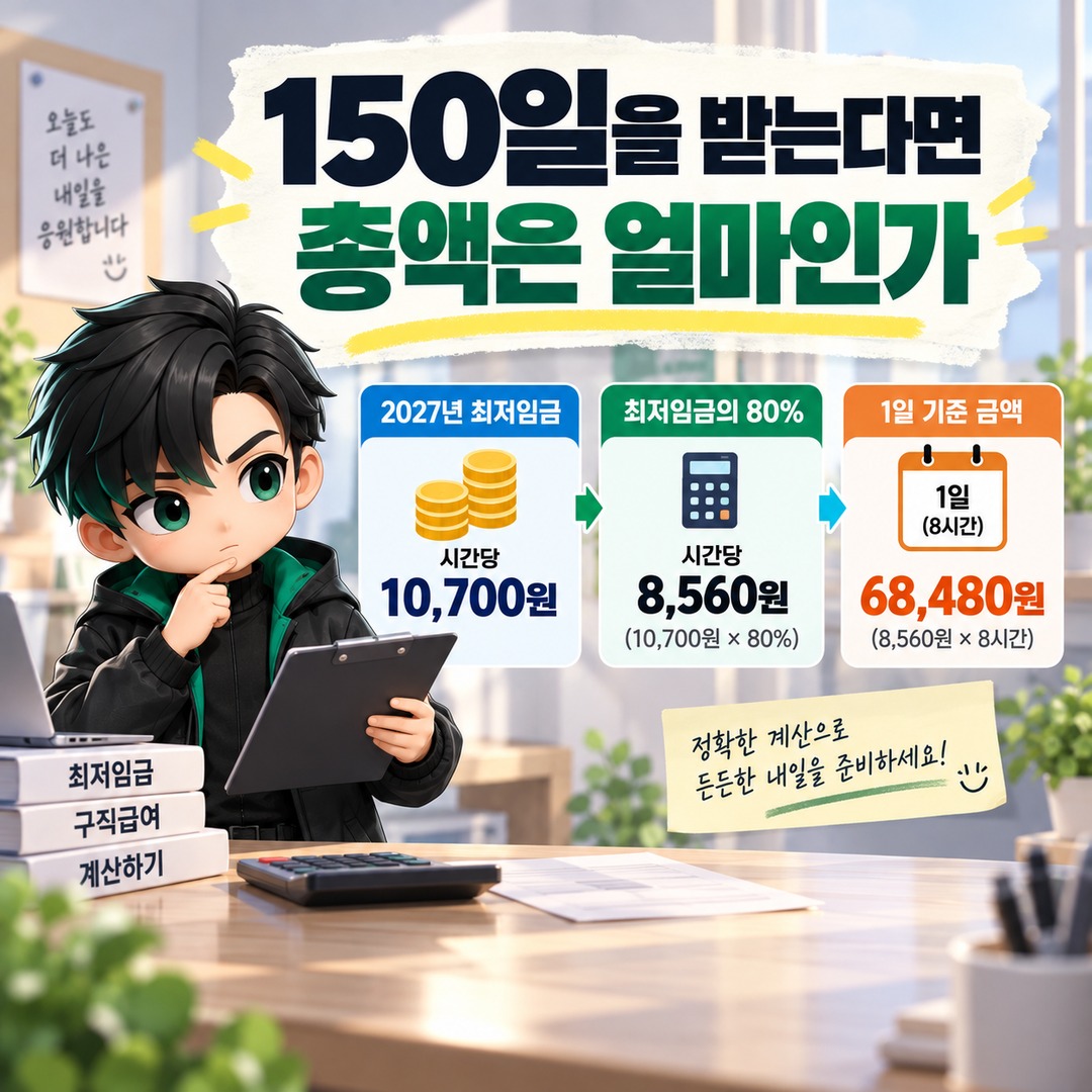 2027년 실업급여 월 176만원이어도 150일 총액은 안 줄어든다, 받는 기간은 약 5.8개월 - 150일을 받는다면 총액은 얼마인가 핵심 내용을 정리한 정보형 이미지