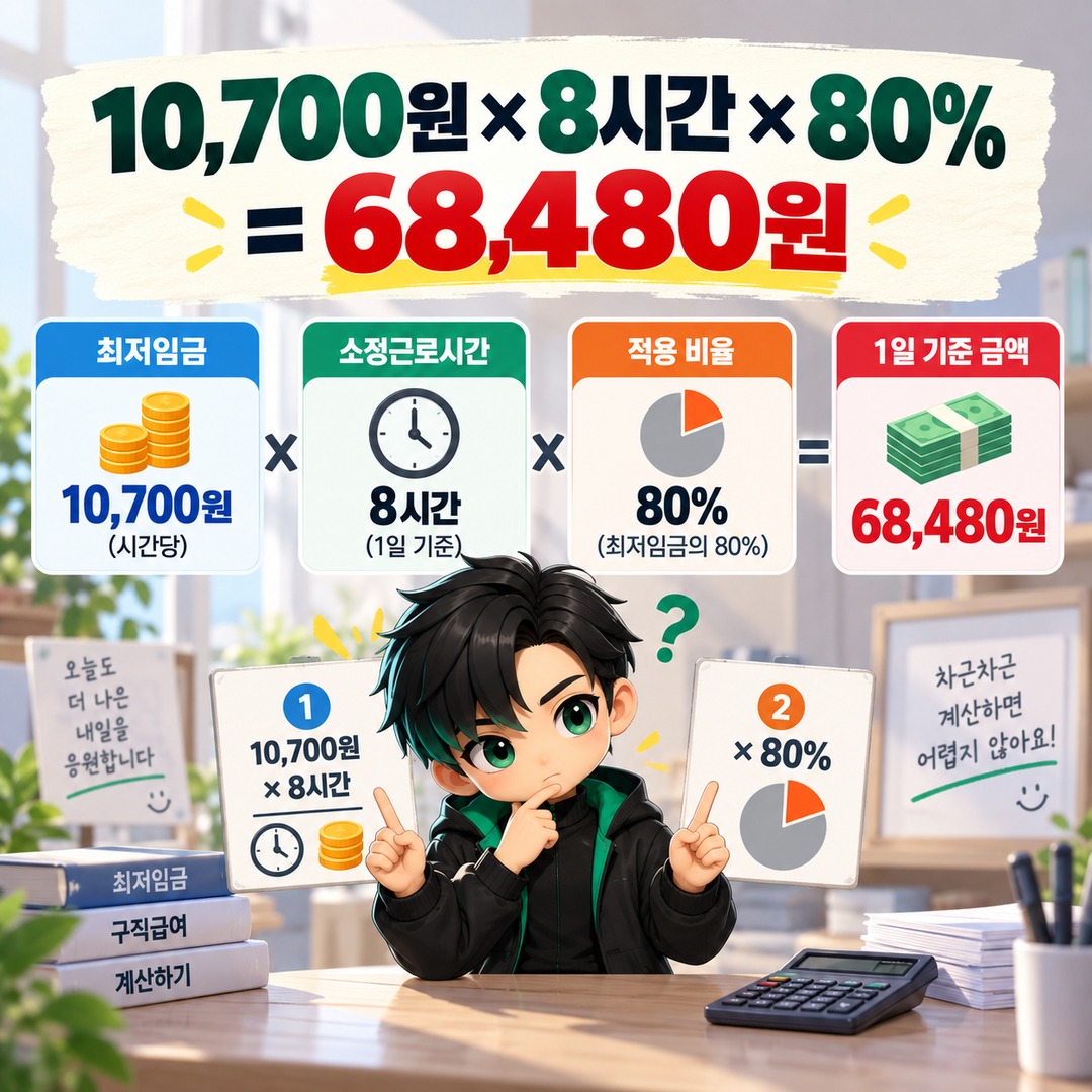 2027년 실업급여 월 176만원이어도 150일 총액은 안 줄어든다, 받는 기간은 약 5.8개월 - 10,700원 × 8시간 × 80% = 68,480원 핵심 내용을 정리한 정보형 이미지