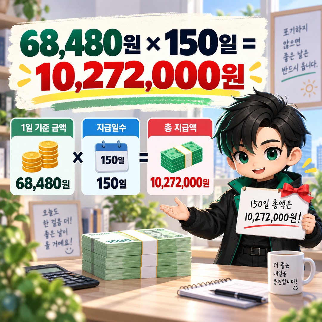 2027년 실업급여 월 176만원이어도 150일 총액은 안 줄어든다, 받는 기간은 약 5.8개월 - 68,480원 × 150일 = 10,272,000원 핵심 내용을 정리한 정보형 이미지