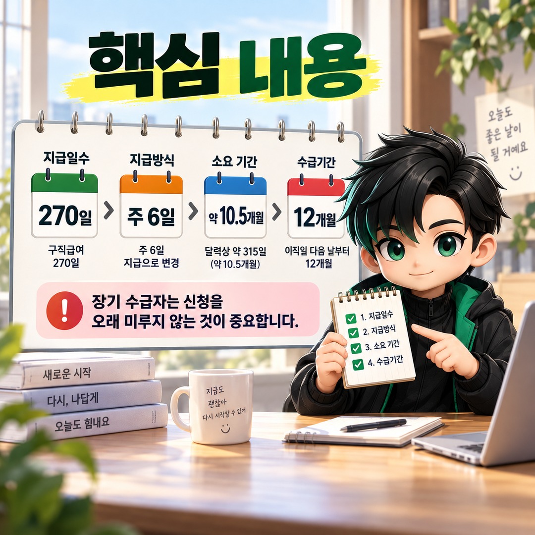 2027 실업급여 270일, 주 6일로 바뀌면 10.5개월…늦게 신청해도 1년 안에 다 받을까 - 핵심 내용 핵심 내용을 정리한 정보형 이미지