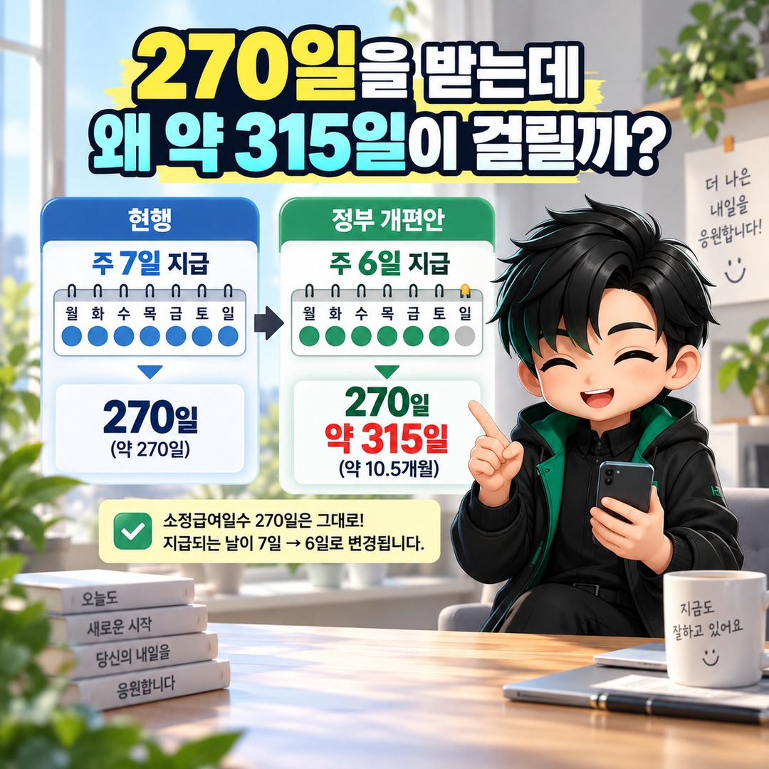 2027 실업급여 270일, 주 6일로 바뀌면 10.5개월…늦게 신청해도 1년 안에 다 받을까 - 270일을 받는데 왜 약 315일이 걸릴까 핵심 내용을 정리한 정보형 이미지