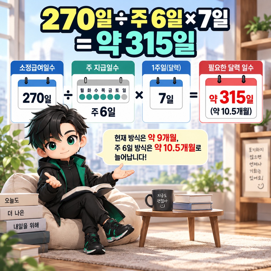 2027 실업급여 270일, 주 6일로 바뀌면 10.5개월…늦게 신청해도 1년 안에 다 받을까 - 270일 ÷ 주 6일 × 7일 = 약 315일 핵심 내용을 정리한 정보형 이미지