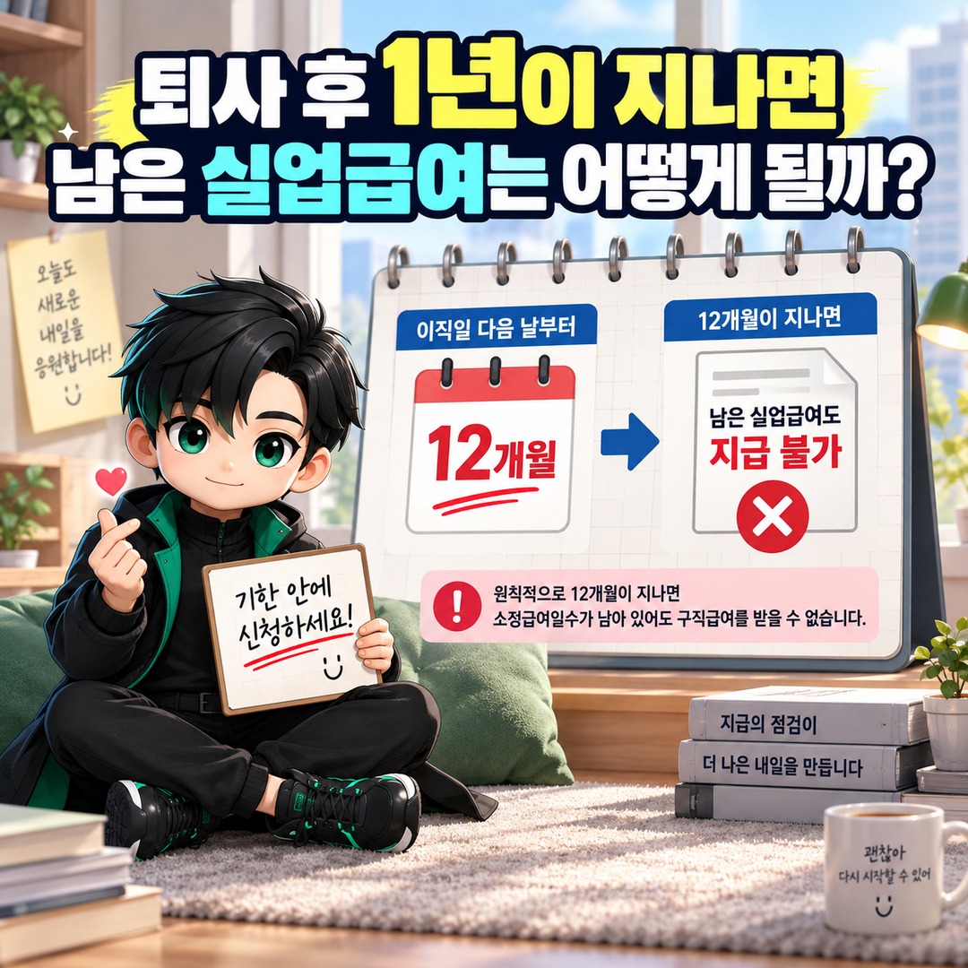 2027 실업급여 270일, 주 6일로 바뀌면 10.5개월…늦게 신청해도 1년 안에 다 받을까 - 퇴사 후 1년이 지나면 남은 실업급여는 어떻게 될까 핵심 내용을 정리한 정보형 이미지
