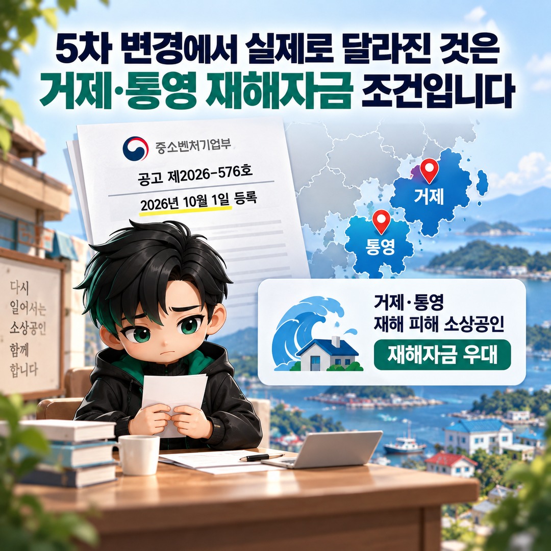2026 소상공인 정책자금 5차 변경, 기존 신청자는 새 조건이 자동 적용될까 - 5차 변경에서 실제로 달라진 것은 거제·통영 재해자금 조건입니다 핵심 내용을 정리한 정보형 이미지