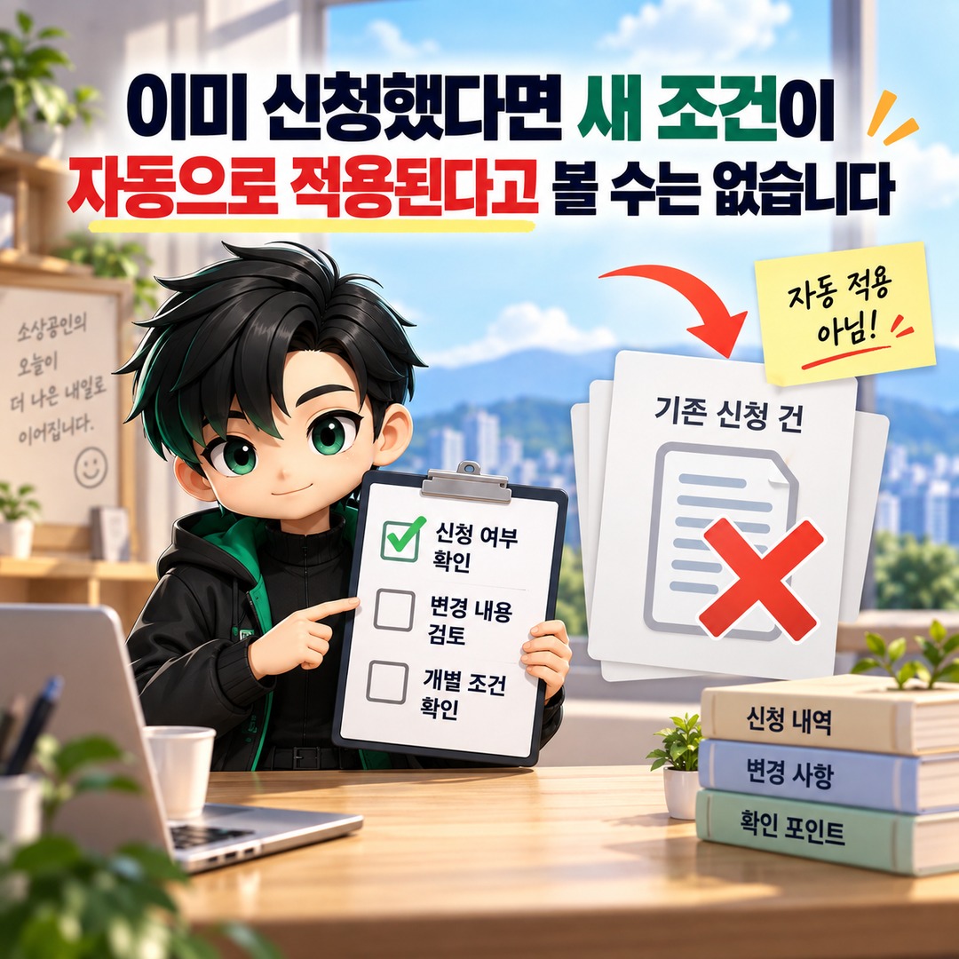 2026 소상공인 정책자금 5차 변경, 기존 신청자는 새 조건이 자동 적용될까 - 이미 신청했다면 새 조건이 자동으로 적용된다고 볼 수는 없습니다 핵심 내용을 정리한 정보형 이미지