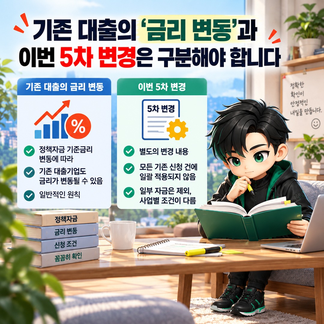 2026 소상공인 정책자금 5차 변경, 기존 신청자는 새 조건이 자동 적용될까 - 기존 대출의 ‘금리 변동’과 이번 5차 변경은 구분해야 합니다 핵심 내용을 정리한 정보형 이미지