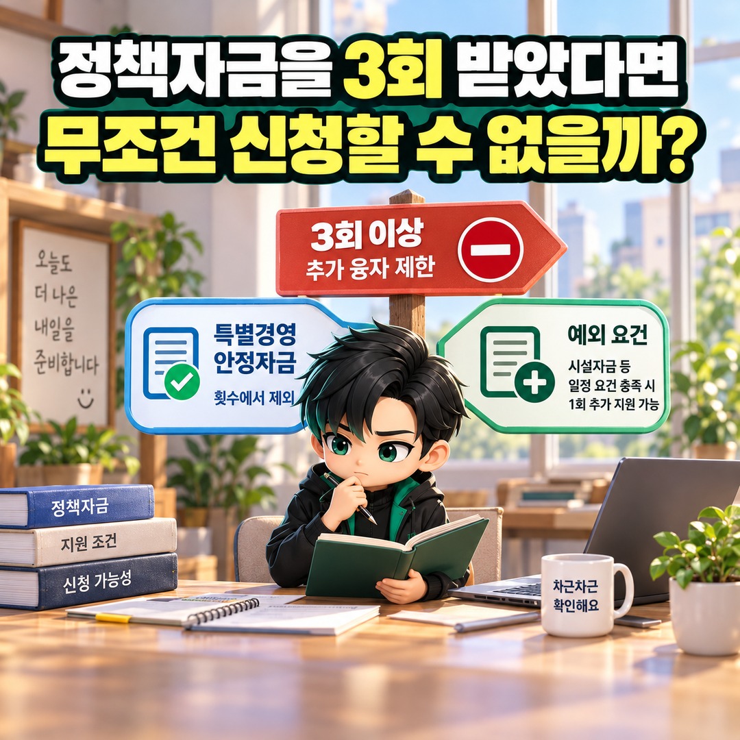 2026 소상공인 정책자금 3회 받았으면 끝일까? 특별경영안정자금은 횟수에서 빠집니다 - 정책자금을 3회 받았다면 무조건 신청할 수 없을까? 핵심 내용을 정리한 정보형 이미지