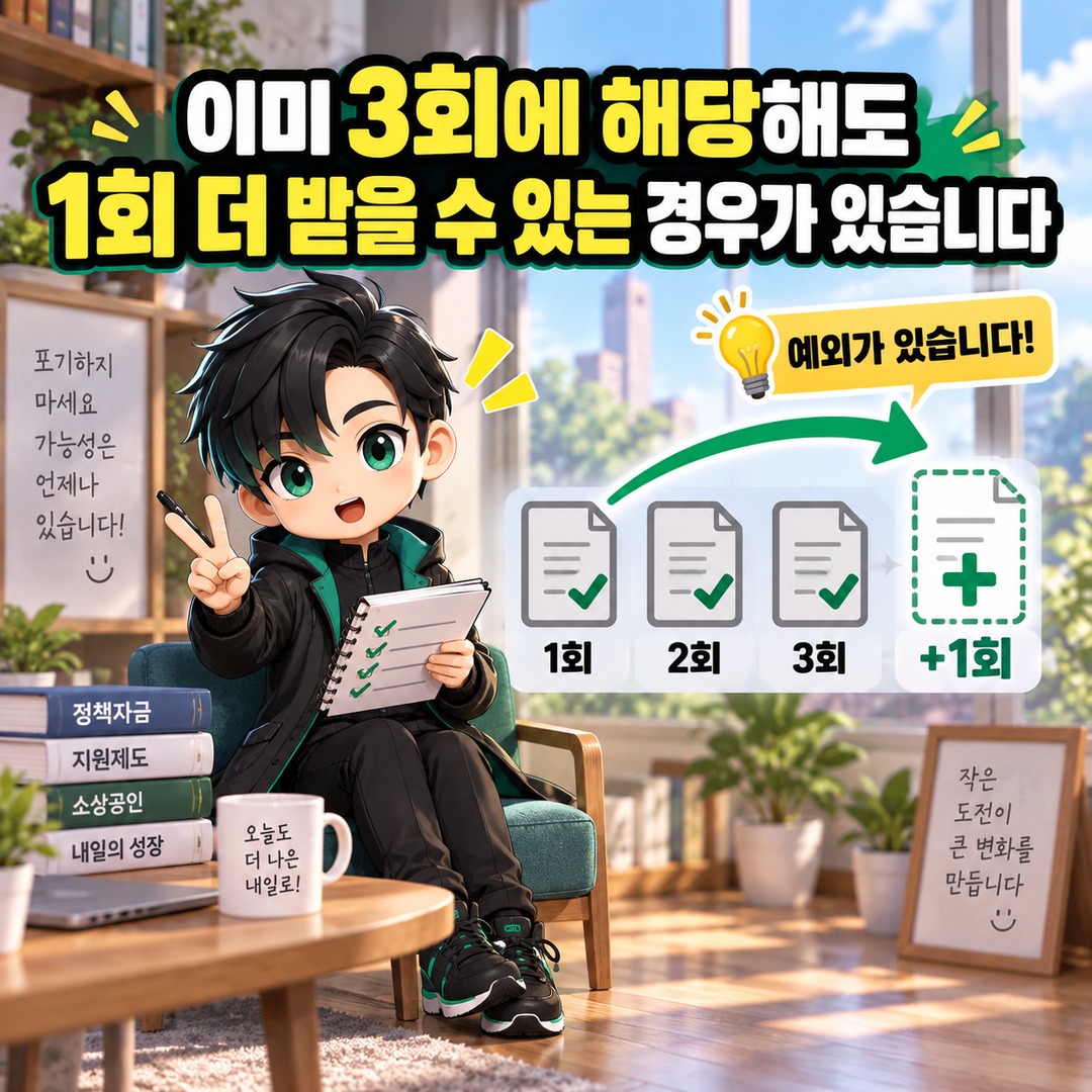 2026 소상공인 정책자금 3회 받았으면 끝일까? 특별경영안정자금은 횟수에서 빠집니다 - 이미 3회에 해당해도 1회 더 받을 수 있는 경우가 있습니다 핵심 내용을 정리한 정보형 이미지