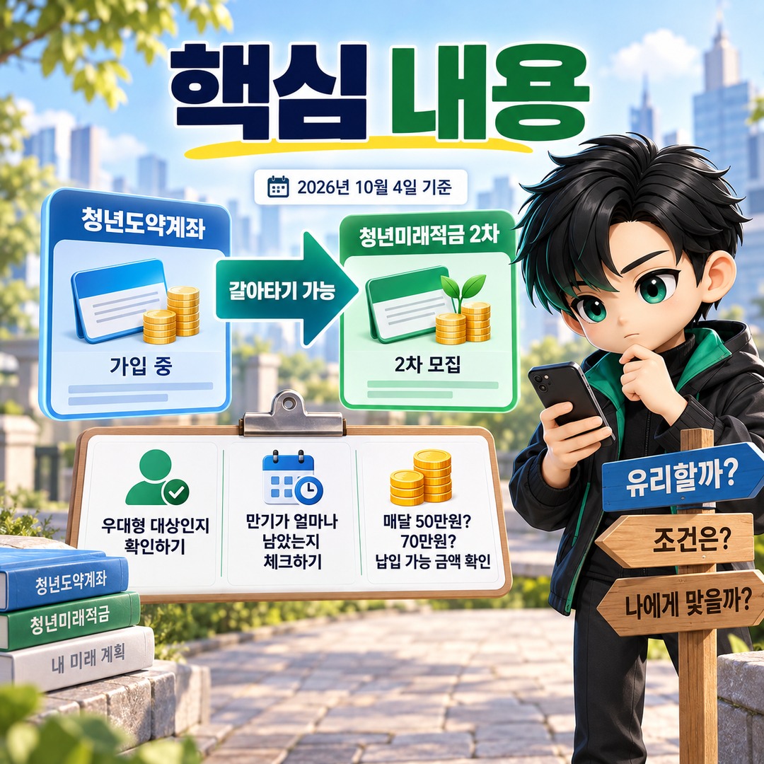 청년도약계좌 가입 중이면 청년미래적금 2차로 갈아타는 게 유리할까 - 핵심 내용 핵심 내용을 정리한 정보형 이미지