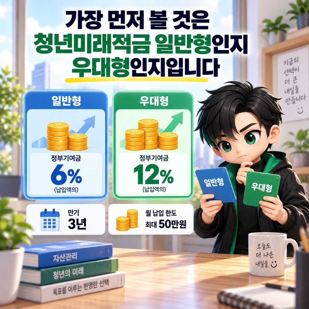 청년도약계좌 가입 중이면 청년미래적금 2차로 갈아타는 게 유리할까 - 가장 먼저 볼 것은 청년미래적금 일반형인지 우대형인지입니다 핵심 내용을 정리한 정보형 이미지